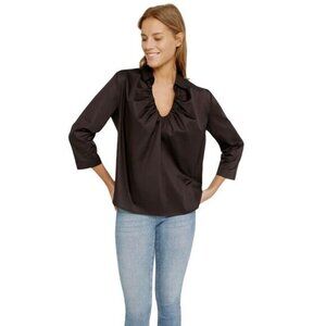 Harshman Nerello Blouse Black Ruched V-Neck 3/4 Sleeves 100% Cotton Size S $196